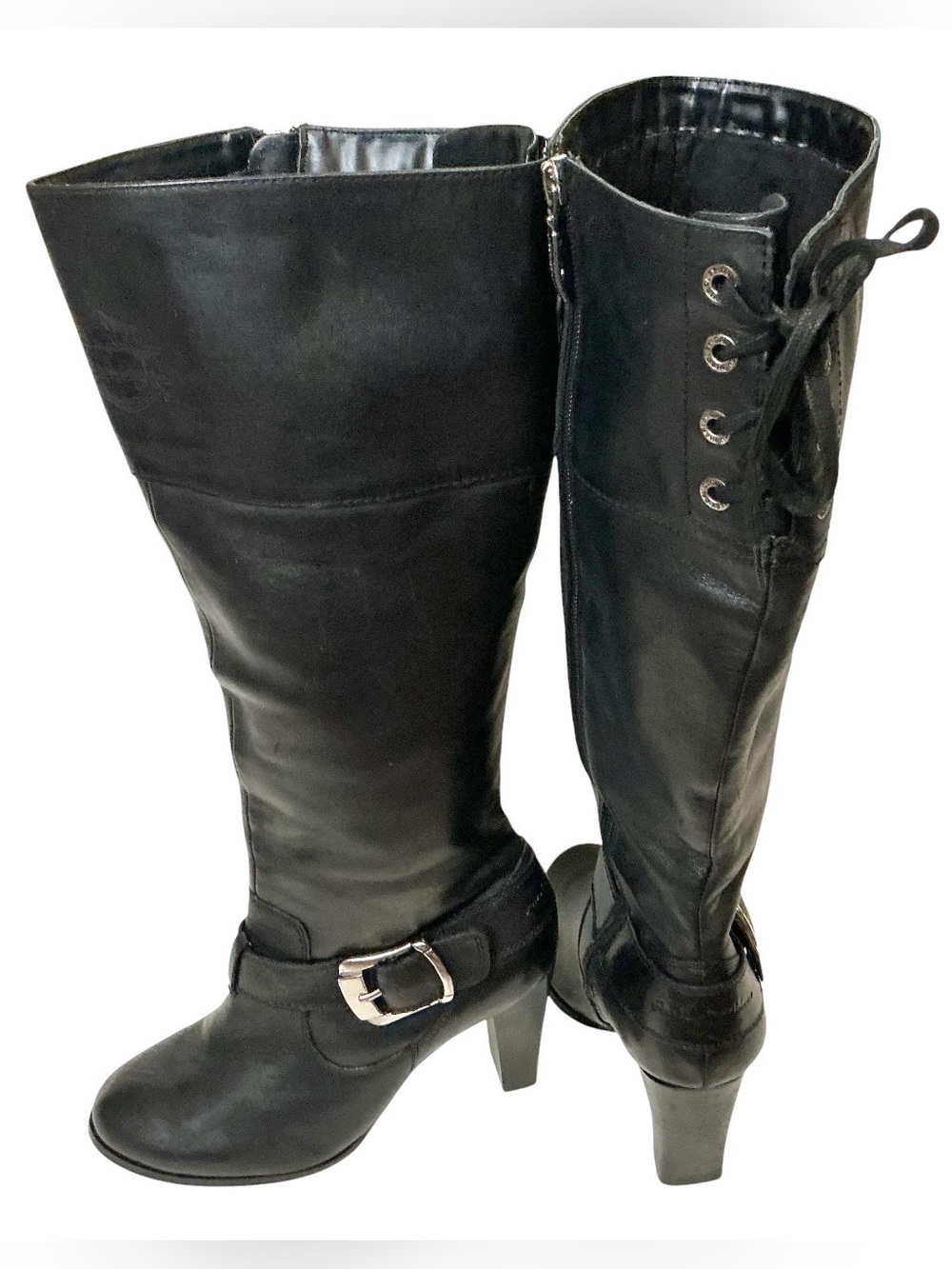 Harley-Davidson Tall Leather Boots Women’s 8.5 Moto Black Buckle Lace Zip Heel